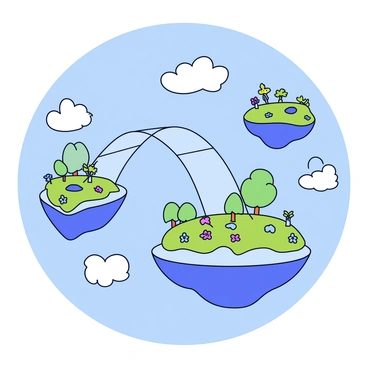 A series of floating islands in the sky, each varying in size and shape. The islands are lush with green vegetation and colorful flowers. Some islands have small trees and bushes, while others feature rocky outcrops. Connecting these islands are transparent glass bridges that arch gracefully between them. The sky is a bright blue, dotted with fluffy white clouds that surround the islands, creating a sense of height and lightness.