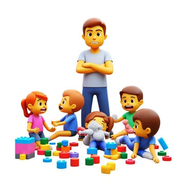 A parent with a frustrated expression stands in a brightly lit room. The parent is wearing casual clothing, with their arms crossed and eyebrows furrowed. Surrounding them are several children playing with an assortment of colorful toys scattered across the floor. There are building blocks, stuffed animals, and action figures mixed together, creating a disorganized scene. The children's faces show joy and excitement as they play, contrasting with the parent's annoyed demeanor.
