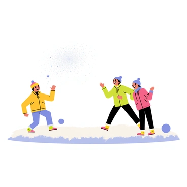 A snowball bursting into a cloud of powdery snow droplets. Small white particles scatter in the air, creating a flurry effect. In the background, two children are laughing and preparing for their next throw, wearing colorful winter jackets and matching hats. The ground is covered in a thick layer of untouched snow, dotted with other snowballs, creating a lively atmosphere. The scene captures the excitement and energy of a playful snowball fight.