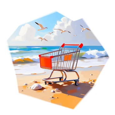 A shopping cart is partially buried in the warm, golden sand next to the ocean. The cart is metallic with a red handle, and it stands out against the light-colored sand. Gentle waves are crashing in the background, sending white frothy foam towards the shore. The water is a clear blue, reflecting the sky's color. In the distance, a few seagulls are flying above the waves, while small shells and pebbles lie scattered around the cart, adding texture to the scene. The sunlight casts soft shadows, creating a sense of warmth and a tranquil beach atmosphere.