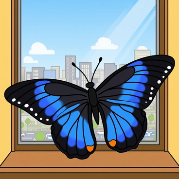 A large butterfly with vibrant blue and black wings is perched on a wooden window sill. The wings are open, displaying intricate patterns and striking colors. Behind the butterfly, a large window reveals a sprawling cityscape with tall buildings and a busy street below. The sky is bright blue, dotted with a few fluffy white clouds. Sunlight streams through the window, casting soft shadows on the sill and illuminating the butterfly's delicate features.