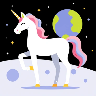 A unicorn with a shimmering white coat and a long, spiraled horn stands majestically on the lunar surface. Its flowing mane glows with pastel colors, contrasting against the gray moon dust. The Earth is visible in the background, appearing as a vibrant blue and green sphere. The starry sky surrounds the scene, with twinkling stars scattered throughout. The unicorn has one hoof raised, adding a sense of grace to its stance.