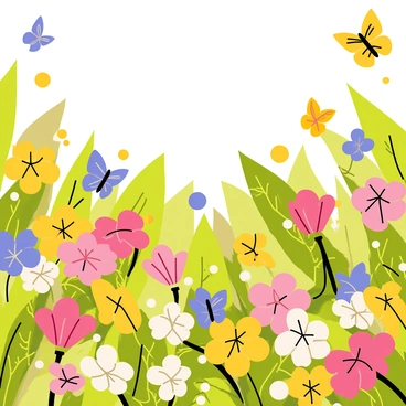 A vibrant garden filled with blooming "primroses" in various shades of yellow, pink, and purple. "Colorful butterflies" in shades of blue, orange, and white are fluttering throughout the garden, hovering over the flowers. The garden is lush with green foliage, and a clear blue sky can be seen above. "Gentle sunlight" filters through the leaves, casting soft shadows on the ground. Some butterflies are resting on the petals of the primroses, while others are mid-flight, adding a sense of movement to the scene.