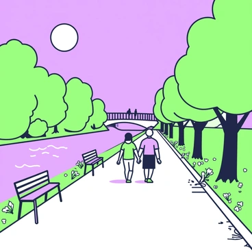 A promenade along a river is lined with lush trees on either side. The river reflects the light from a full moon hanging in the night sky. There are benches placed intermittently along the walkway, and delicate flowery plants are growing at the edges. Small ripples disturb the surface of the water, enhancing the tranquility of the scene. A couple can be seen strolling hand in hand, casting gentle shadows on the path. In the distance, a bridge spans the river, with soft silhouettes of people crossing it.