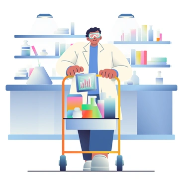 A scientist pushing a lab cart filled with equipment through a modern laboratory.