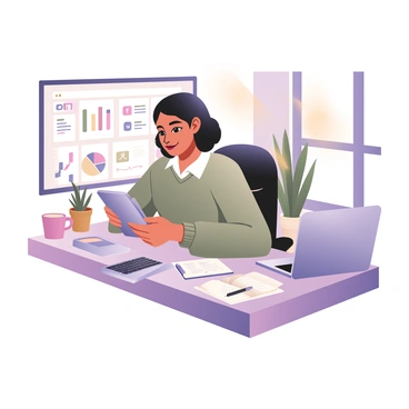 A digital flat illustration depicting an entrepreneur sitting at a modern workspace. The entrepreneur is a woman with medium skin and shoulder-length curly hair. She is focused on a tablet in her hands, which displays vibrant social media icons. Next to her is a sleek laptop open to a screen showing colorful marketing analytics graphs and charts. The workspace has a clean desk with a small potted plant and a coffee cup. There are notebooks and pens scattered around, indicating an active brainstorming session. Sunlight streams in through a nearby window, illuminating the scene.