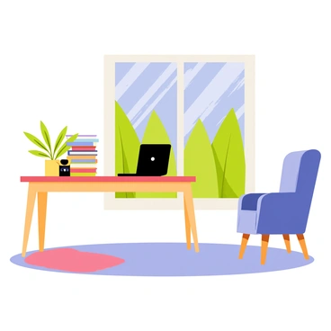 A comfortable home office featuring a wooden desk with a sleek black computer and a vibrant green plant beside it. A stack of colorful books is neatly arranged on one side of the desk. There is a large window allowing natural light to flood the room, showing a view of lush green trees and a clear blue sky outside. A cozy armchair is positioned in the corner, providing additional seating. A soft rug is laid on the wooden floor, adding warmth to the space.