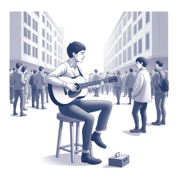 A street musician is performing with a guitar, sitting on a small stool in the center of a bustling city square. The musician has a focused expression, with their eyes closed as they play a calming tune. Around them, a crowd of people stands attentively, some nodding along to the music. In the background, there are tall buildings lining the square, with a few shop fronts visible. People are dressed in various styles, creating a sense of diversity in the crowd. A small collection box is placed in front of the musician, indicating their willingness to accept tips.