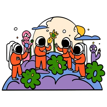 A team of astronauts wearing sleek space suits with helmets is exploring a new planet. They are standing on vibrant, multicolored alien terrain filled with unique plants that have unusual shapes and glowing features. Some plants are tall and resemble oversized flowers while others are short and bushy with iridescent leaves. In the background, friendly extraterrestrial beings with big eyes and bright skin colors are curiously observing the astronauts. The sky is a gradient of unusual colors, adding to the otherworldly atmosphere. The astronauts are interacting with the alien plants, pointing and gesturing to each other, showcasing their excitement at this newfound discovery.