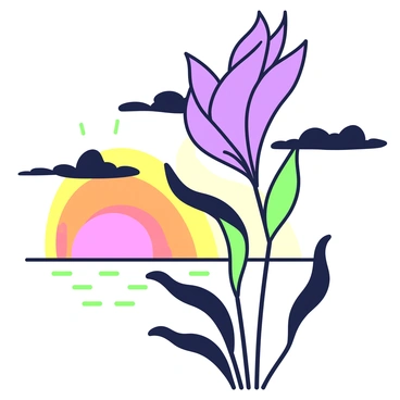 A silhouette of a lily is prominently displayed against the horizon. The flower has long, slender petals that elegantly curve back towards the center. The stem is tall and straight, with a few leaves positioned near the base. In the background, the setting sun casts vivid hues across the sky, transitioning into a gradient that showcases the interplay of light and shadow. The sun itself is a circular shape, partially obscured by dark clouds, while the surrounding sky is filled with wispy cloud formations that enhance the overall scene. The contrast between the dark silhouette of the lily and the bright backdrop creates a striking visual composition.