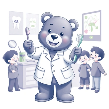 A cartoon gummy bear stands upright, wearing a white dentist’s coat. The bear has a friendly smile and large, expressive eyes, conveying a welcoming demeanor. It holds a toothbrush in one hand and a tube of toothpaste in the other hand, demonstrating proper dental care. Surrounding the bear are colorful dental tools, such as a mirror and floss, arranged neatly on a countertop. In the background, there are cheerful cartoon children, with bright smiles, listening attentively to the gummy bear’s advice about caring for their teeth. The scene is set in a bright, inviting dental office, with posters about dental hygiene on the walls.