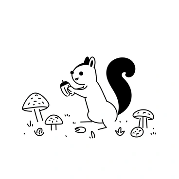 A playful squirrel with a bushy tail is standing on its hind legs, holding an acorn with its front paws. The squirrel is situated in a grassy area covered with fallen autumn leaves. There are various shapes and sizes of mushrooms scattered throughout the scene. The background features more leaves in different positions, creating a sense of the woodland floor during autumn. The overall scene captures the lively activity of the squirrel as it busily gathers food.