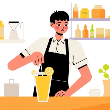 A barista with short, dark hair is standing behind a wooden counter, focused on preparing a yuzu-infused beverage. The barista is wearing a black apron over a white shirt, and is pouring a vibrant yellow drink into a clear glass. Fresh yuzu slices are artistically arranged on the rim of the glass, adding a pop of color. Behind the barista, various coffee-making equipment and a shelf filled with different jars and containers can be seen. The scene captures a warm and inviting atmosphere in a café setting.
