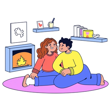 A couple is sitting closely together on a soft, fluffy rug. The woman has long, wavy brown hair and is wearing a cozy, oversized sweater. The man has short, dark hair and is dressed in a fitted t-shirt. They are wrapped in a warm, knitted blanket, smiling at each other. In front of them, a crackling fireplace emits a gentle glow, casting warm light around the room. The walls are decorated with simple wooden shelves and a few framed pictures.