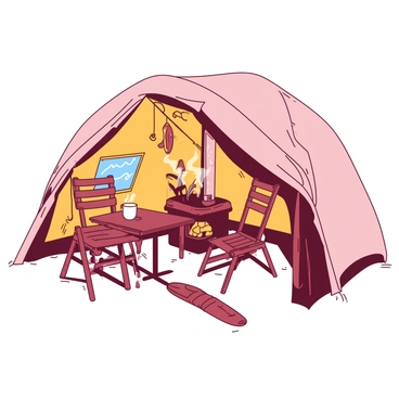 The interior of a cozy ice fishing tent features warm, inviting lighting and is lined with soft, insulated fabric in complementary colors. A small, cast iron stove sits in the corner, with a gentle stream of smoke curling upward. Two wooden chairs are positioned around a small folding table, which holds a steaming mug of hot beverage. The tent walls are adorned with fishing gear and a few winter decorations. Snow can be seen through a small window, adding to the chilly atmosphere outside while the inside remains warm and inviting.