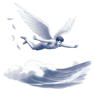 A figure of a young man is soaring through the sky, suspended in motion. His arms are outstretched, and he is wearing wings made of feathers. The wings show signs of disintegration, with feathers breaking apart and falling away. Below him, turbulent ocean waves are visible, crashing against each other, reflecting the urgency of his descent. The man's expression conveys a mix of fear and determination as he heads towards the water, with clouds swirling around him, emphasizing the height from which he is falling.