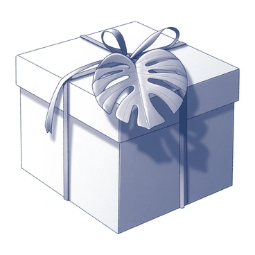 A gift box that is elegantly wrapped with intricate folds and a glossy ribbon tied in a perfect bow on top. The box is adorned with a large monstera leaf that is placed artfully as a decorative element. The leaf is vibrant, with its distinct split and hole patterns, creating a striking contrast against the smooth surface of the gift box. The scene captures the essence of a beautifully presented gift, ready to be opened.