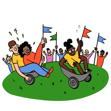 Two pairs of participants are engaged in a lively wheelbarrow race on a grassy field. The first pair consists of a light-skinned man with short brown hair, holding his partner's legs, while his partner, a dark-skinned woman with curly hair, is laughing joyfully as she balances on her hands. The second pair features a light-skinned woman with big eyes and a ponytail, who is supporting her partner's legs; her partner, a dark-skinned man, is focused and determined. Both pairs are surrounded by colorful flags and enthusiastic spectators, creating an atmosphere filled with excitement and laughter.