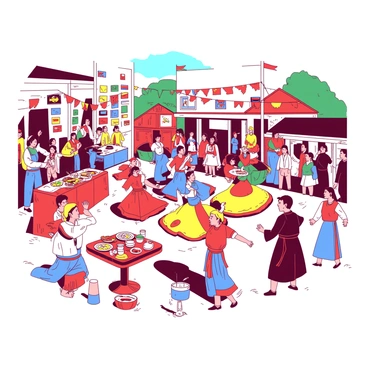 A vibrant village square is filled with people dressed in colorful costumes, ranging from bright reds and yellows to rich blues and greens. There are various decorations adorning the square, including banners and flags waving gently in the breeze. Musicians play traditional instruments, and a group of dancers performs energetic movements in a circle, their costumes flowing gracefully as they spin. Nearby, a table is set with traditional food and drinks, inviting onlookers to partake in the celebration. The atmosphere is lively, with families and friends gathering to enjoy the music and festivities.