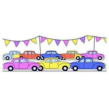A classic car show with a variety of vintage cars in different colors and designs. The cars are parked in neat rows, showcasing their polished exteriors and distinct styles from different eras. Above the cars, there are festive banners in bright colors, hanging between poles, adding a celebratory atmosphere to the event. The ground is a smooth surface, providing a clear view of the vehicles on display.