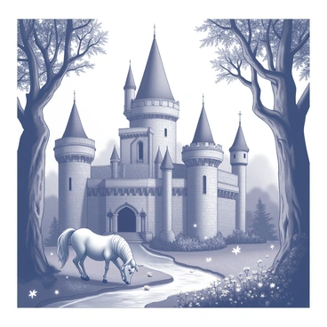 A large fairytale castle with tall, pointed towers and intricate stonework. The castle features arched windows and a large wooden door at the entrance. Surrounding the castle is a dense enchanted forest filled with trees that have twisting branches and thick foliage. Various magical creatures can be seen in the forest, including a unicorn grazing near a sparkling stream and a group of small fairies fluttering among the flowers. The scene is illuminated by soft light filtering through the tree canopy, creating a mystical atmosphere.