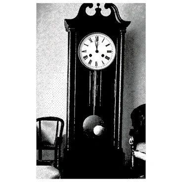 A grandfather clock is positioned against a wall in an antique room. The clock has a tall, ornate wooden frame with intricate carvings. Inside, a unique sheep-shaped pendulum swings gently back and forth. The clock's face features Roman numerals and decorative hour and minute hands. The room contains vintage furniture, including a plush armchair and a small wooden table. Soft light filters through a nearby window, casting shadows on the room's aged wallpaper.