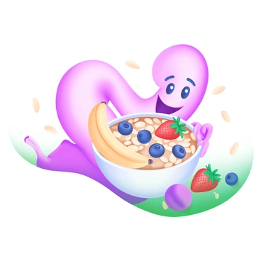 A giant bowl of oatmeal filled with plump blueberries, sliced bananas, and fresh strawberries sits prominently in the center of the image. A large colon character, with a friendly expression, is playfully embracing the bowl. The colon character is rendered in a soft pastel color, featuring blush pink and light lavender tones. Surrounding the bowl are scattered oats and a few whole fruits, adding texture and vibrancy to the scene. The overall composition is warm and inviting, highlighting the connection between the colon character and the healthy breakfast bowl.