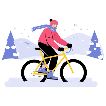 A cyclist bundled up in a bright red jacket and a thick blue scarf is riding a hybrid bike. The bike has large tires suitable for winter terrain. The landscape around the cyclist is covered in a thick blanket of white snow, with gently falling snowflakes in the air. In the background, there are snow-dusted trees and rolling hills, creating a picturesque winter scene. The cyclist appears focused and determined as they navigate through the winter wonderland.