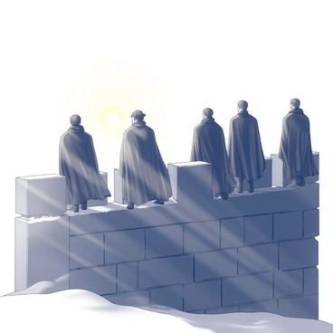 A group of men clad in black cloaks stands on top of a stone wall. They are facing the horizon where the sun is rising, casting light across the landscape. The men have serious expressions, highlighting their vigilance and duty. Jon Snow stands at the forefront, his dark hair blowing lightly in the wind. The Wall is imposing and made of large, uneven stones, with a rugged texture. The scene captures the moment of dawn, with rays of light beginning to pierce the sky. Snow is visible on the ground, emphasizing the cold environment. The brothers of the Night's Watch are positioned closely together, reinforcing their camaraderie and shared mission.