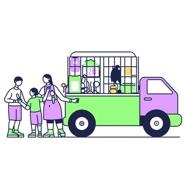 A truck is parked at a pet adoption event, with its back open to reveal a variety of items. Inside the truck, there are bags of pet food stacked neatly, with the labels visible. Next to the food, there are colorful toys scattered, including balls and chew toys. Cages are placed at the back of the truck, some of which are open, inviting potential pet adopters to take a look inside. People are gathered around the truck, chatting and interacting with the items displayed. A few children are pointing at the toys while adults discuss the pet adoption process.