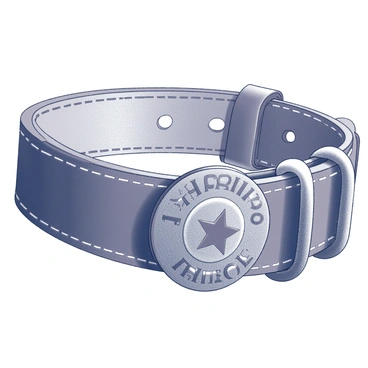 A close-up view of a rugged leather dog collar. The collar is thick and textured, featuring visible stitching along its edges. A small silver sheriff badge is affixed to the front of the collar, with intricate detailing, including a star shape and embossed lettering. The collar is fastened with a sturdy metal buckle, and there are additional metal loops for attaching a leash. The background is neutral, emphasizing the collar and badge.