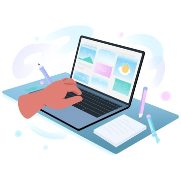 A laptop on a sleek desk is open, displaying a digital portfolio filled with various illustrations. The screen showcases a colorful array of images, including landscapes, characters, and abstract designs. Beside the laptop, there are sketchbooks and a few colored pencils scattered around. A hand is reaching out to interact with the touchpad, while a faint outline of an office environment can be seen in the background.