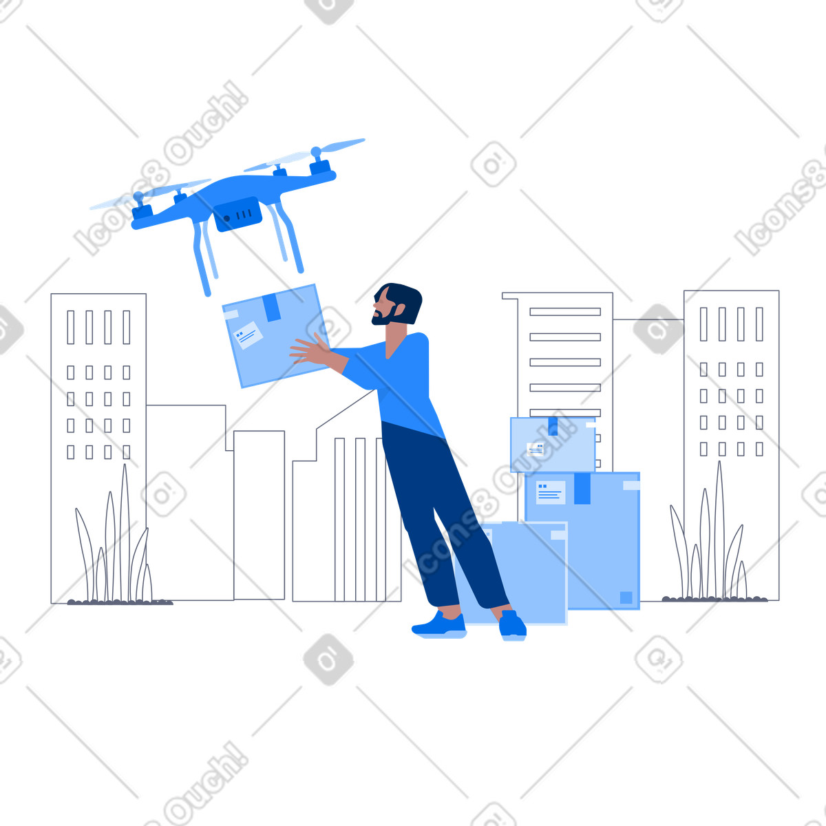 Contactless package drop-off by drone, Future of shipping technology illustrazione in stile Urban scarica in PNG, SVG