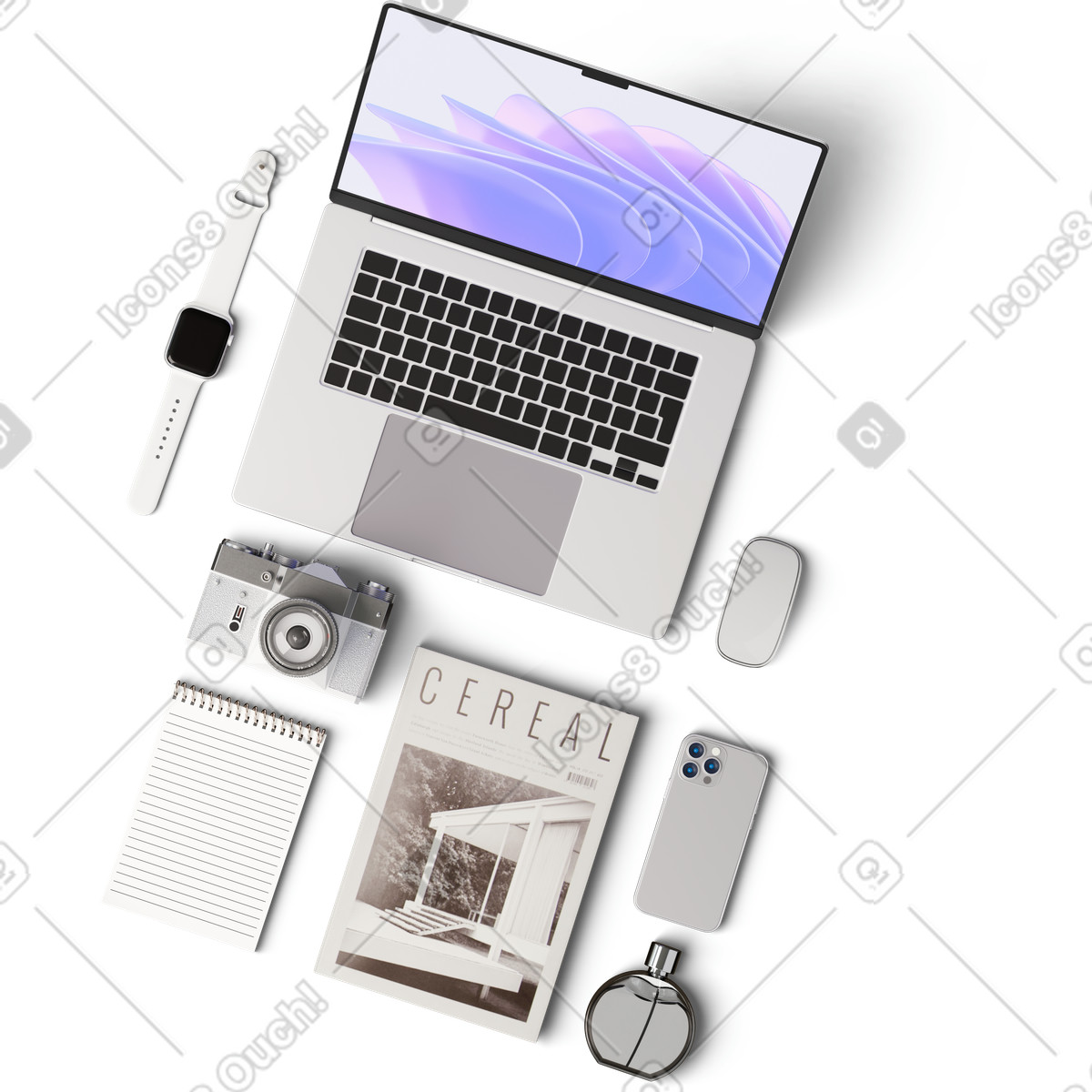 Illustration Vue de dessus d'un ordinateur portable, smartphone, appareil photo, d'une montre intelligente et d'ordinateurs portables dans le style 3D Hygge à télécharger aux formats PNG, SVG