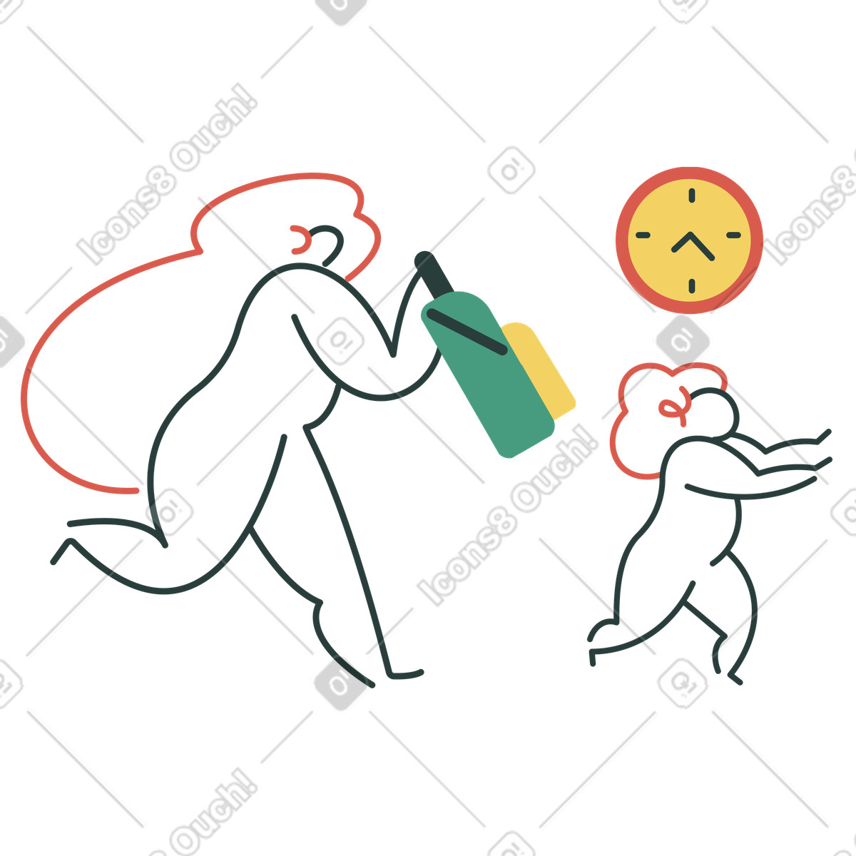 Parent carrying school bag and following schoolchild, morning rush or punctuality concept illustration in Macaroni style download in PNG, SVG