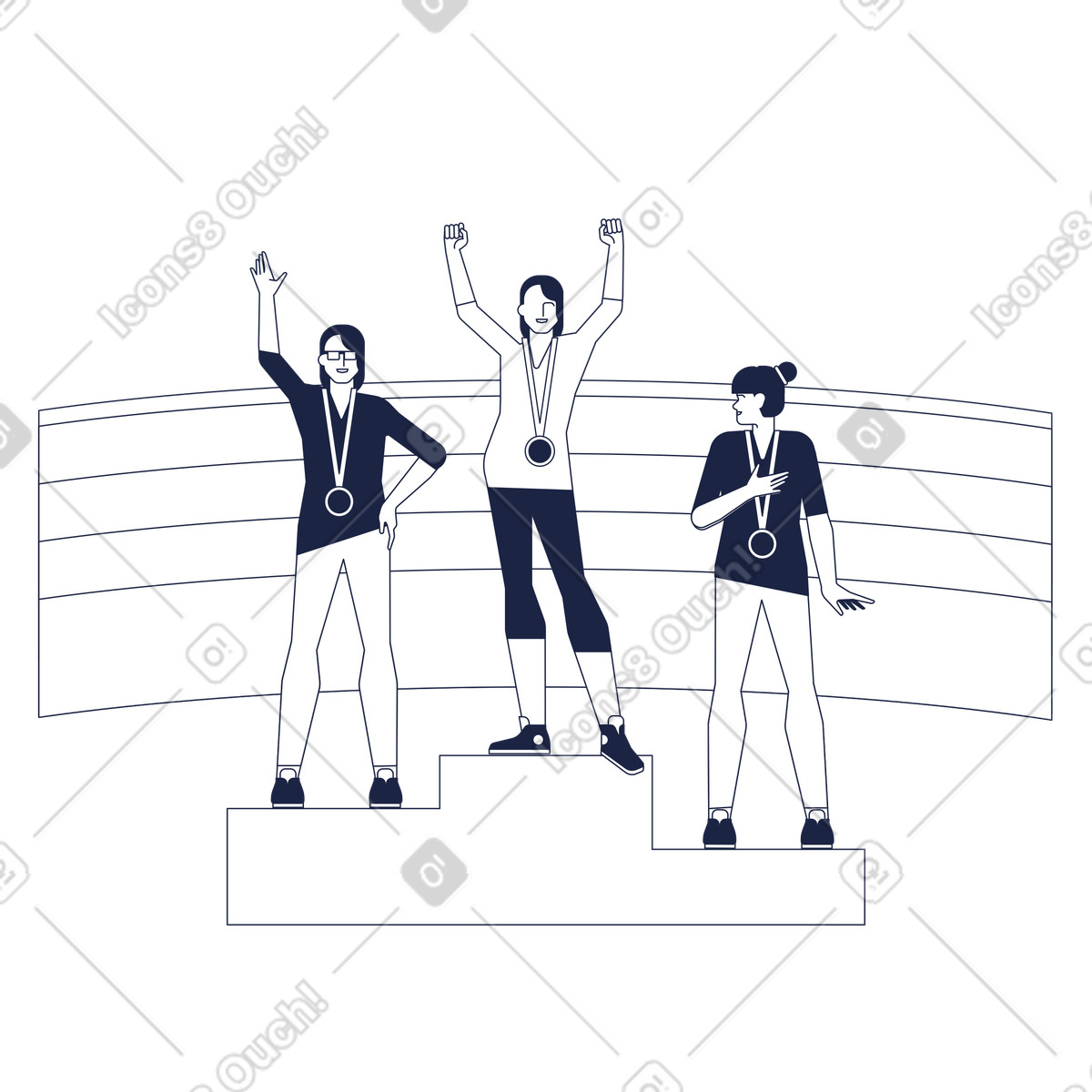 Female athletes standing on the winners pedestal with medals illustration in Urban Line style download in PNG, SVG