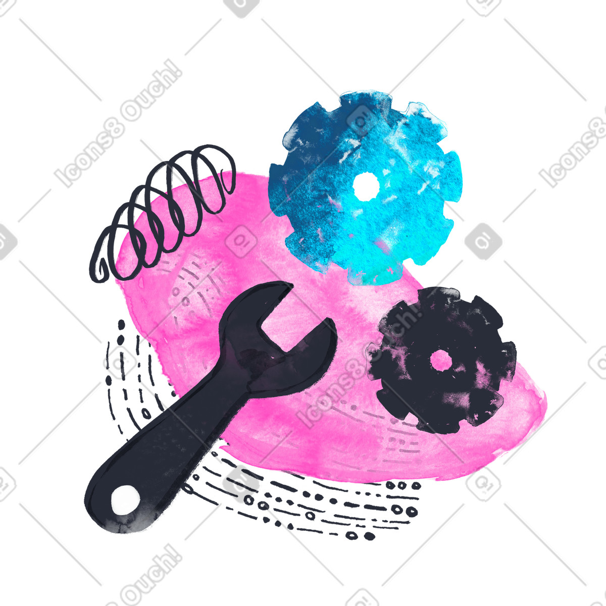 Illustration Clé et vis avec éléments graphiques dans le style Inky à télécharger aux formats PNG, SVG