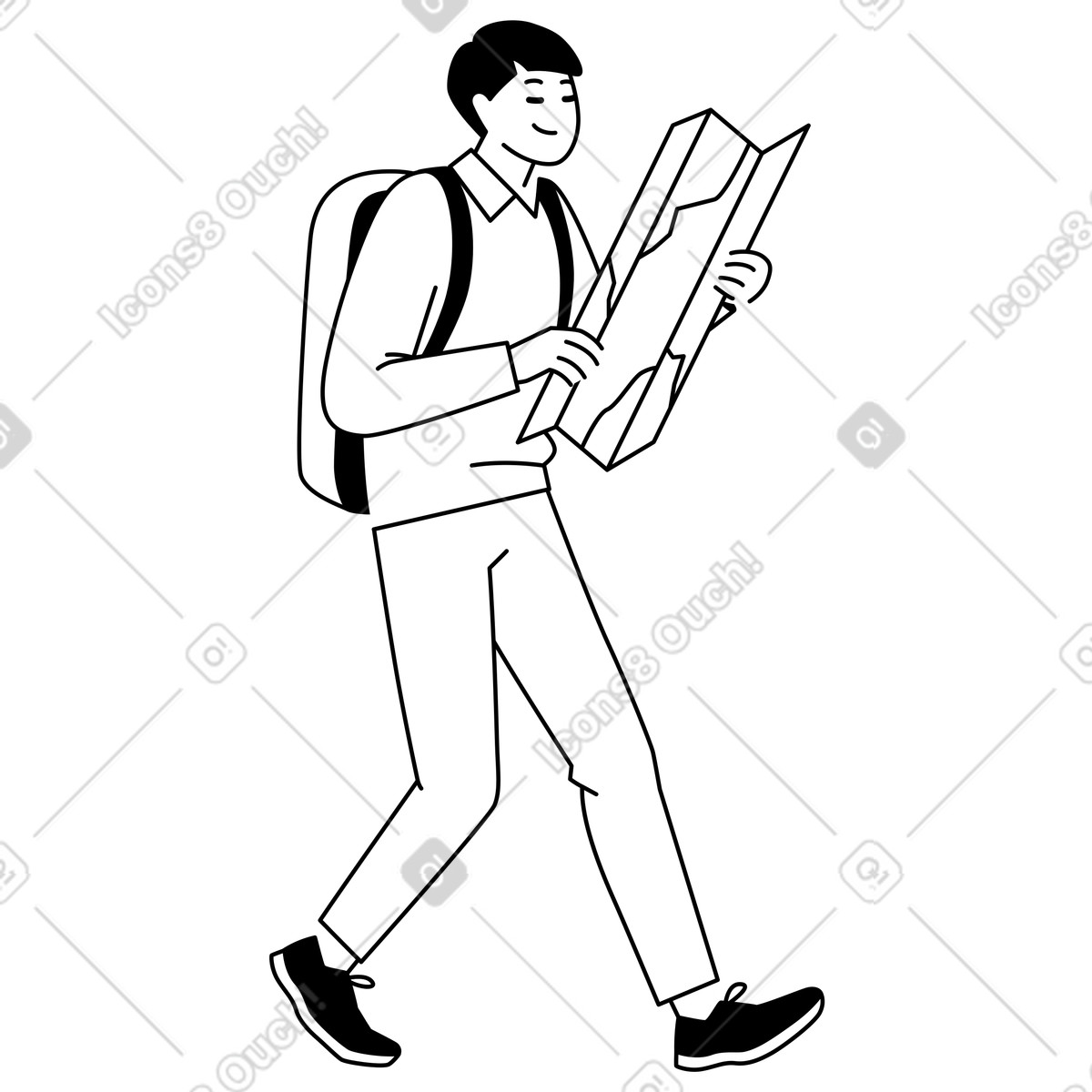 Ilustración Tourist with backpack examining map, Outdoor travel and exploration en estilo Weekday a descargar en PNG y SVG
