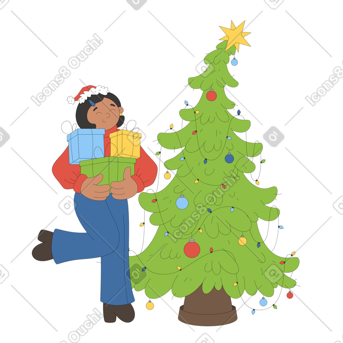 Frau mit geschenkboxen in der nähe des weihnachtsbaums-Illustration im Sitcom-Stil als Download PNG, SVG