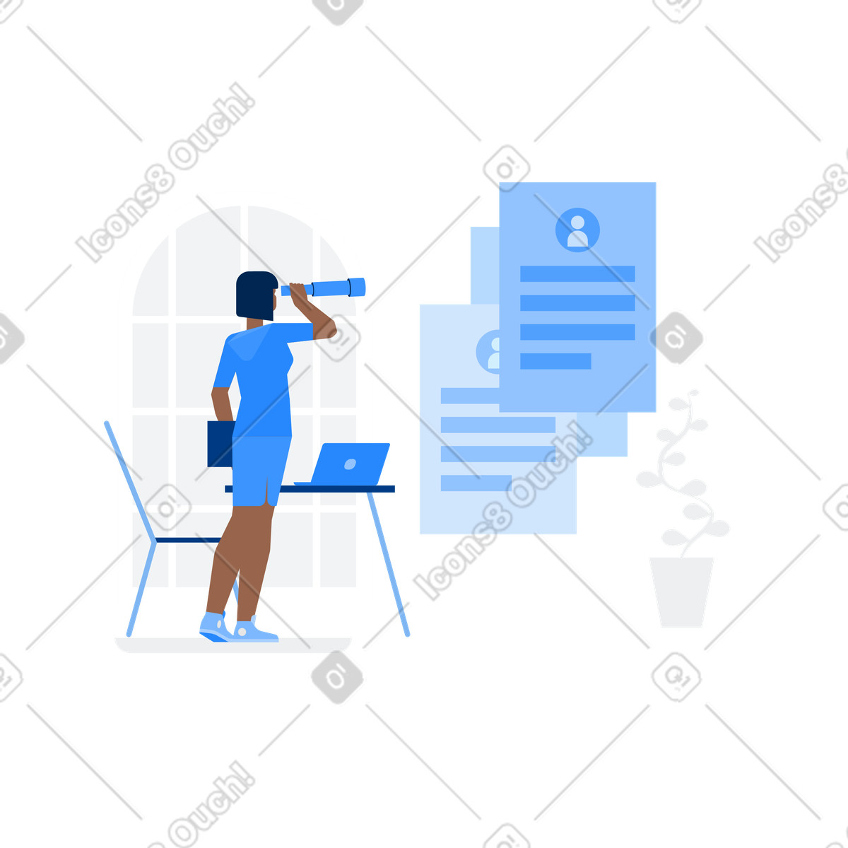 Frau mit teleskop durchsucht die lebensläufe der kandidaten-Illustration im Urban-Stil als Download in PNG, SVG