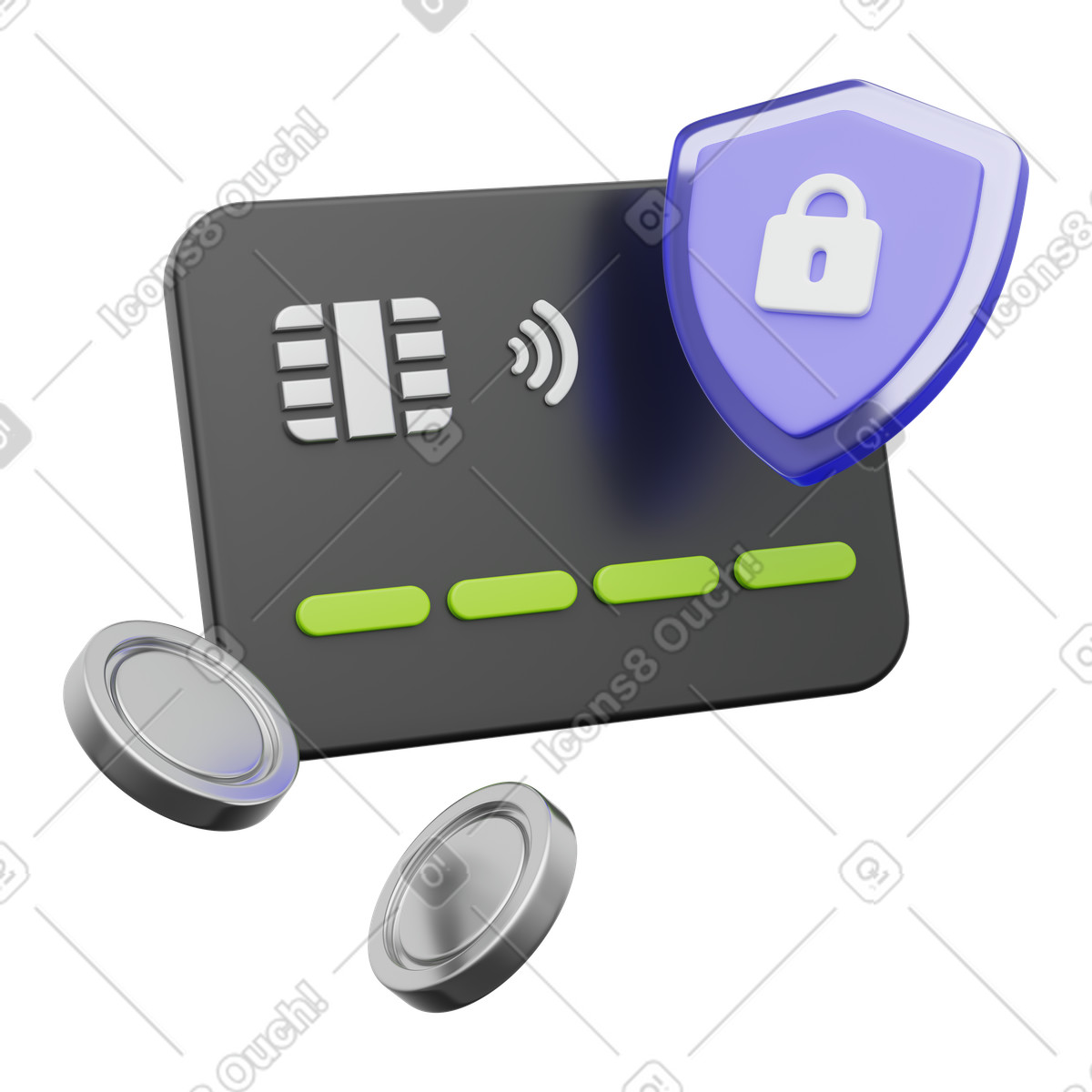 Encrypted payment and secure transaction system, Credit card with lock shield illustration in 3D Playful style download in PNG, SVG