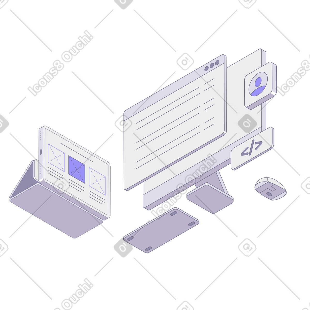 Isometric workspace with code lines and web layout, Frontend backend project illustrazione in stile Modul scarica in PNG, SVG