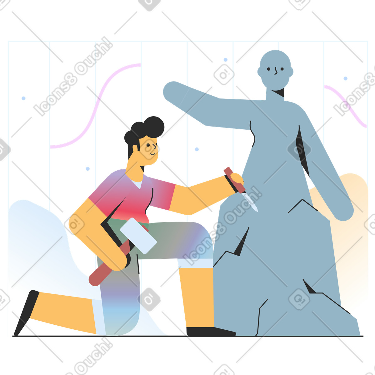 Bildhauer macht eine statue aus stein-Illustration im Marginalia-Stil als Download in PNG, SVG