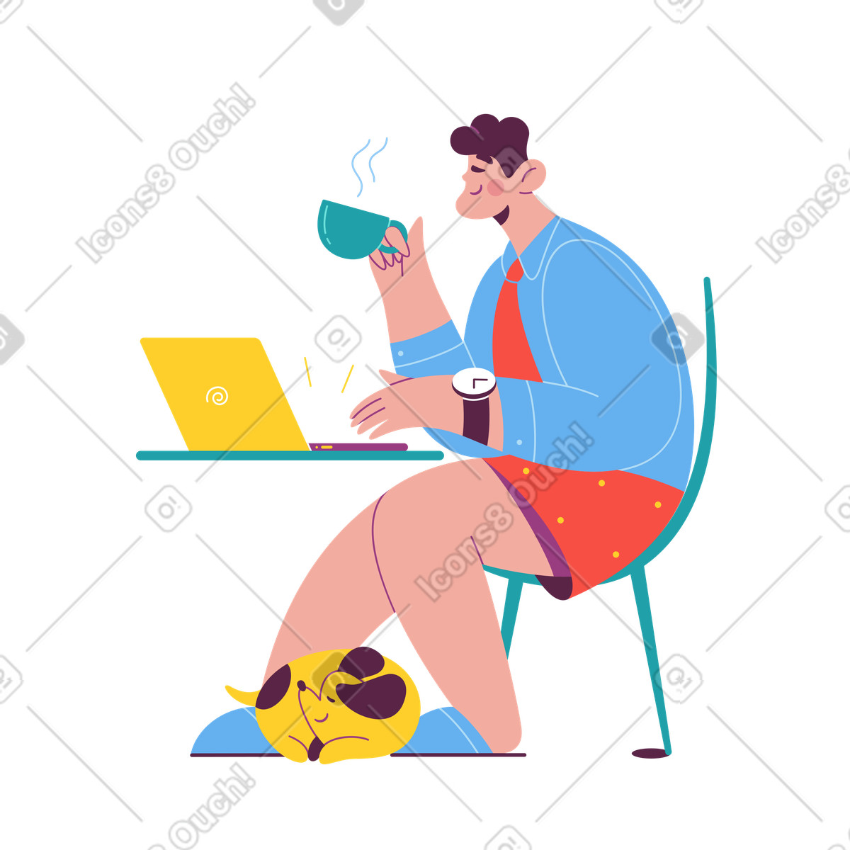 Remote employee working on laptop with dog under table, work from home atmosphere animated illustration in Sammy style download in GIF, Lottie (JSON), AE