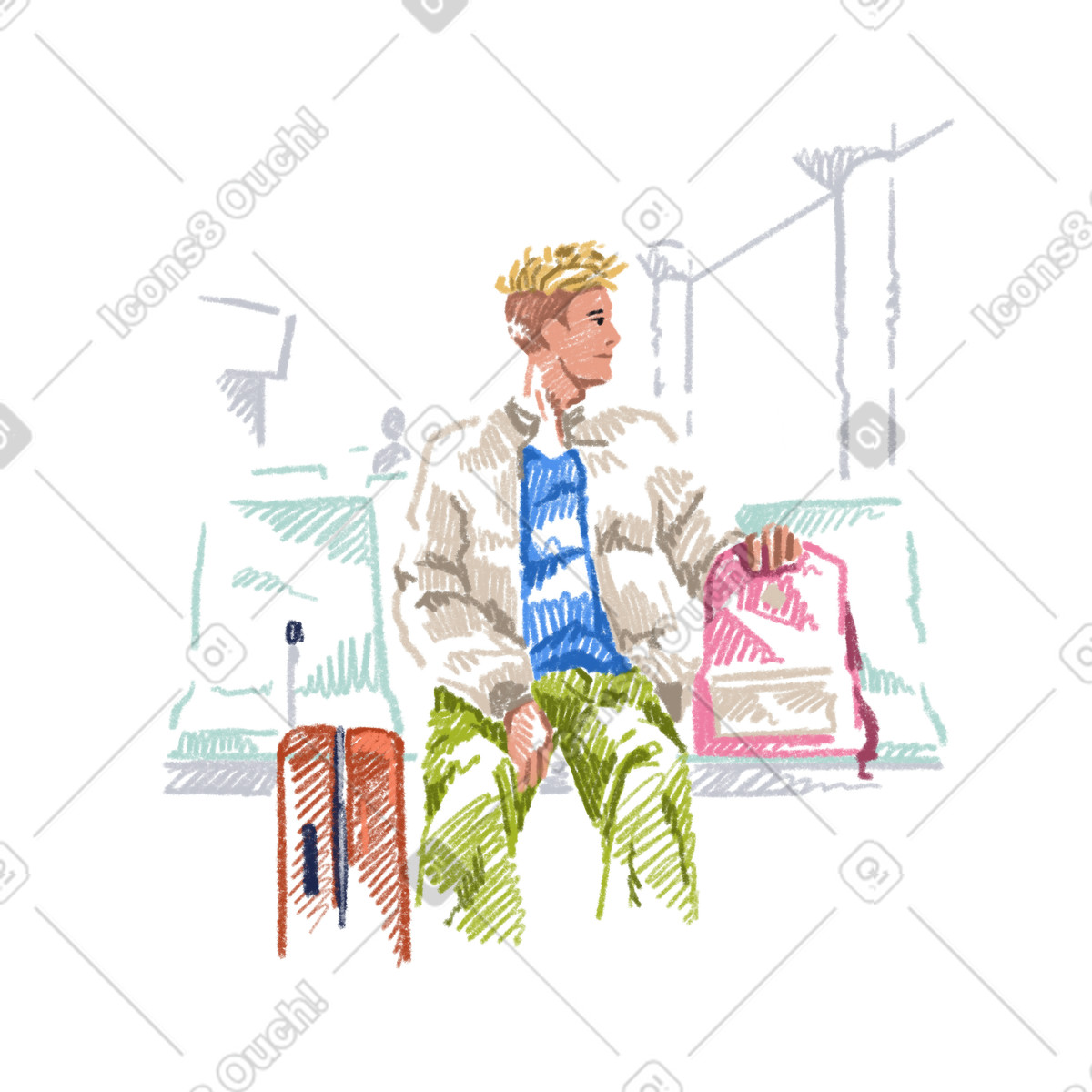Giovane che aspetta il passaggio illustrazione in stile Sketchbook scarica in PNG, SVG
