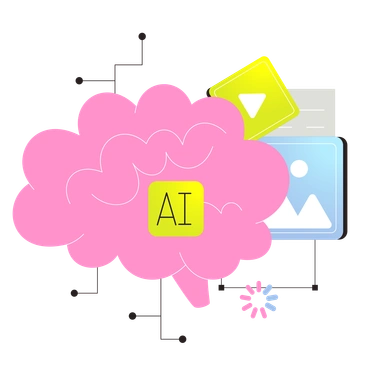 A pink brain with AI text and images - Like style illustration