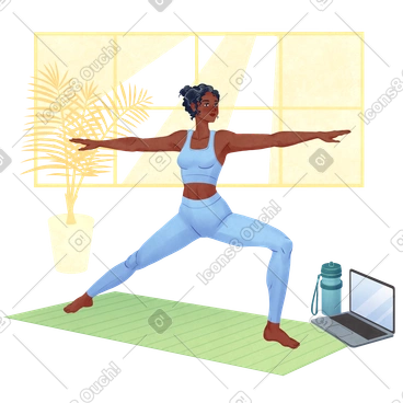 Woman in blue sports suit doing online yoga PNG, SVG