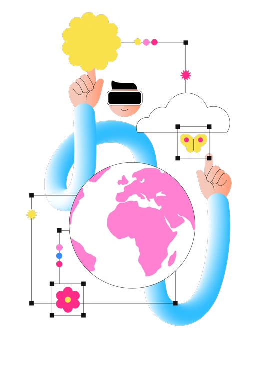 A person wearing VR goggles with a globe - Knotty style illustration