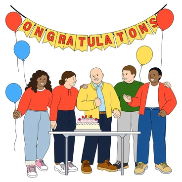 A diverse sales team consisting of five members is gathered in a bright, cheerful office space. They are smiling and laughing, surrounded by colorful balloons in shades of blue, red, and yellow. Above them, a vibrant "Congratulations" banner is hung, arching gracefully across the wall. Each team member is holding a balloon; one person has a blue one, while another has a red balloon tied to their wrist. A small table nearby is adorned with a cake decorated with festive icing. The atmosphere is lively with a sense of achievement and joy.
