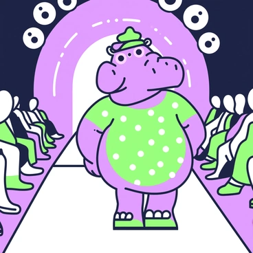 A hippopotamus in a chic outfit is confidently strutting down a runway. The hippopotamus is wearing a fashionable, colorful accessory that stands out. Its body is adorned with stylish patterns that reflect the latest trends in animal fashion. The runway is lined with bright lights and the audience can be seen in the background, eagerly watching the presentation. The atmosphere is lively, emphasizing the excitement of the fashion show.